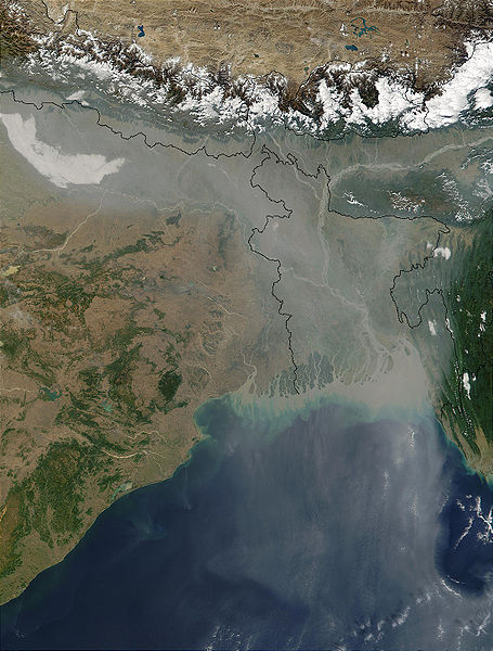 Satellite image of haze over India caused by aerosols.
