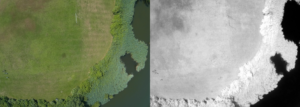 Side by side images of visible and near-infrared of a grassy field bordered by water