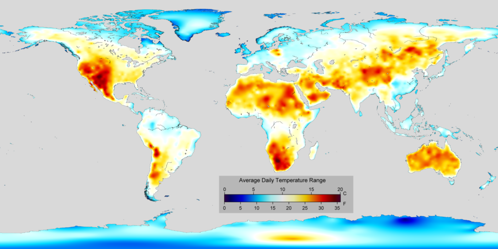 Global map of the temperature range.