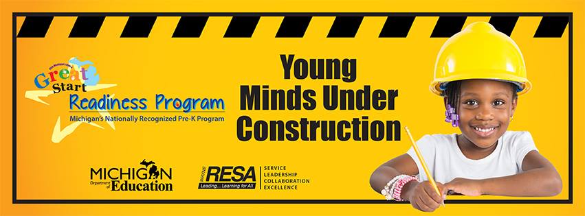 Logo for the Wayne RESA Great Start Readiness Program; caption reads "Young Minds Under Construction."