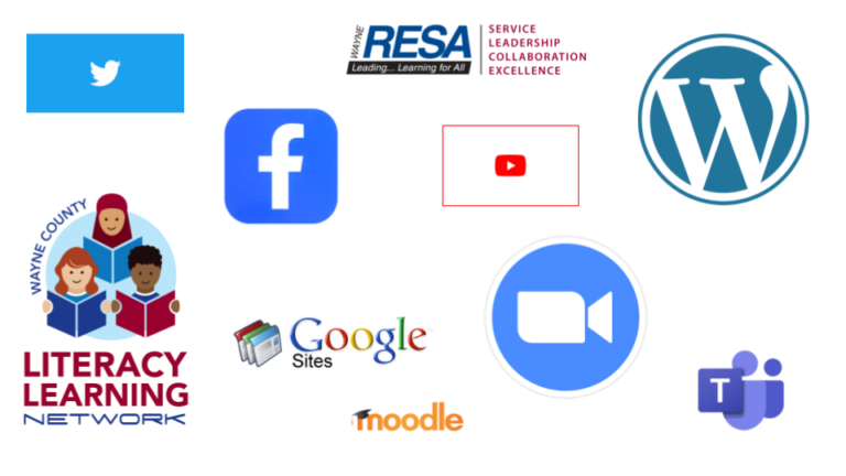 Various icons that represent Wayne RESAs digital presence, i.e., Google Sites, WordPress, Zoom, social media