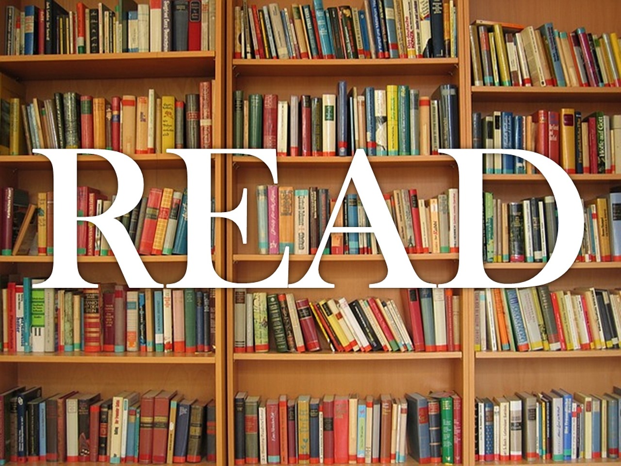 Image of book shelves with the word READ printed across them