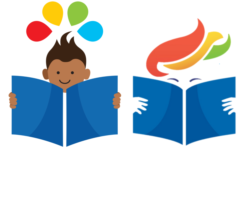 Image of the combined Wayne RESA Kinder Camp and Lit Lab logos. Both feature young children reading books.