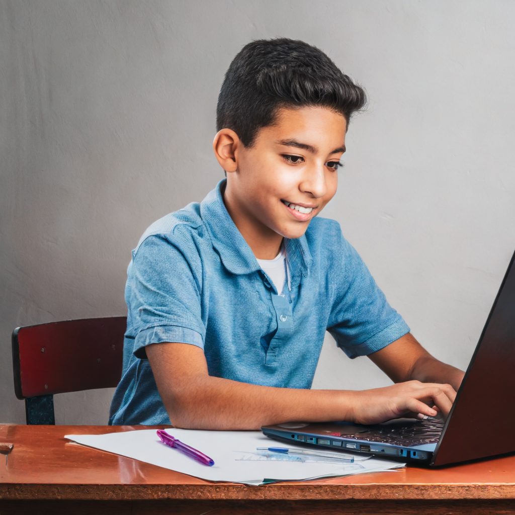 Adobe Firefly generated image of a 7th grade boy typing a paper on a laptop
