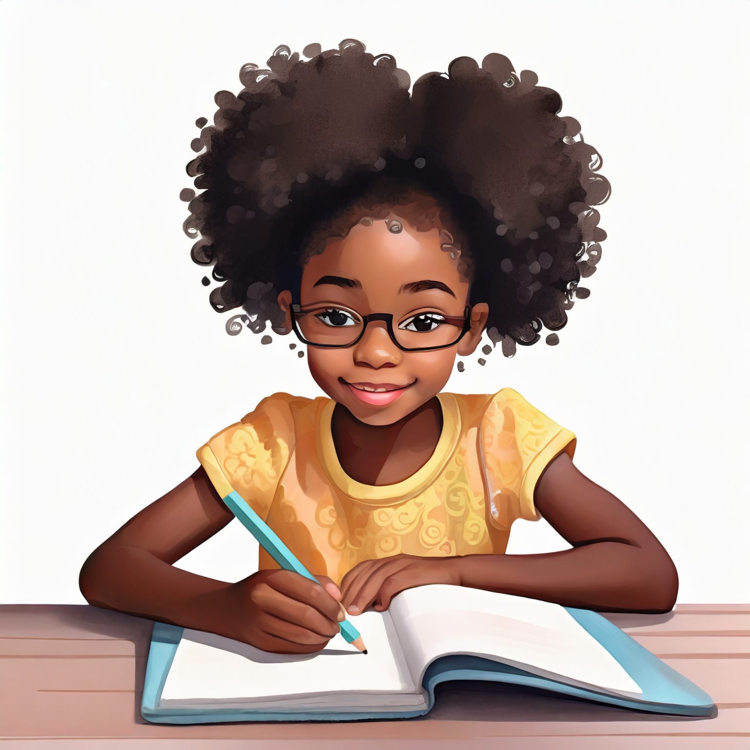 This A.I. generated image depicts a young black girl writing in a notebook. Adobe Firefly was used to create the image.