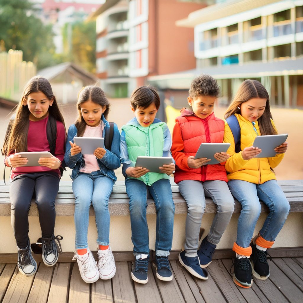 AI-generated image of 10 year old children sitting on a bench and looking at iPads.